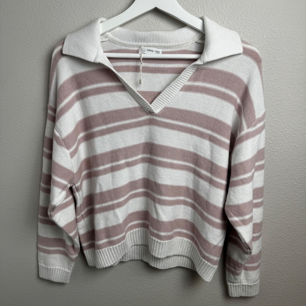 MNG Mango Striped Polo Sweater Size M-L Relaxed White Pink Cotton‎ V-Neck Collar